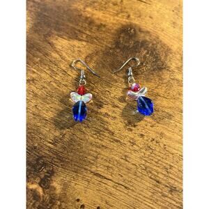 Colorful Glass Bead Dangle Earrings Blue Red Iridescent Handmade Style Boho Cute